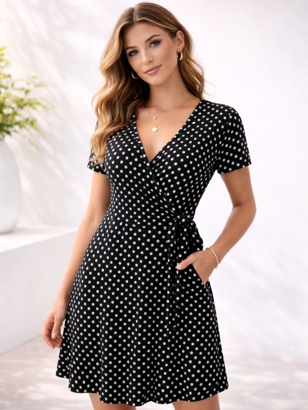Black White Polka Dot Faux Wrap Dress | V Neck Short Sleeve Mini Dress | Small - Picture 2 of 6